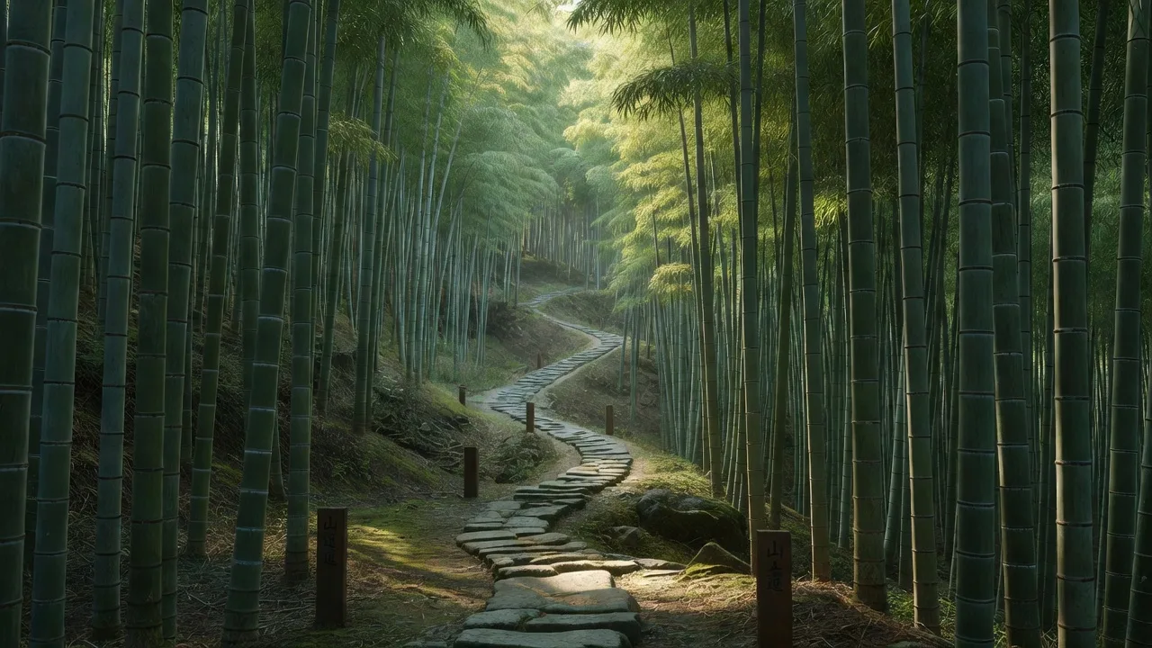 竹林の中に続く石畳の道