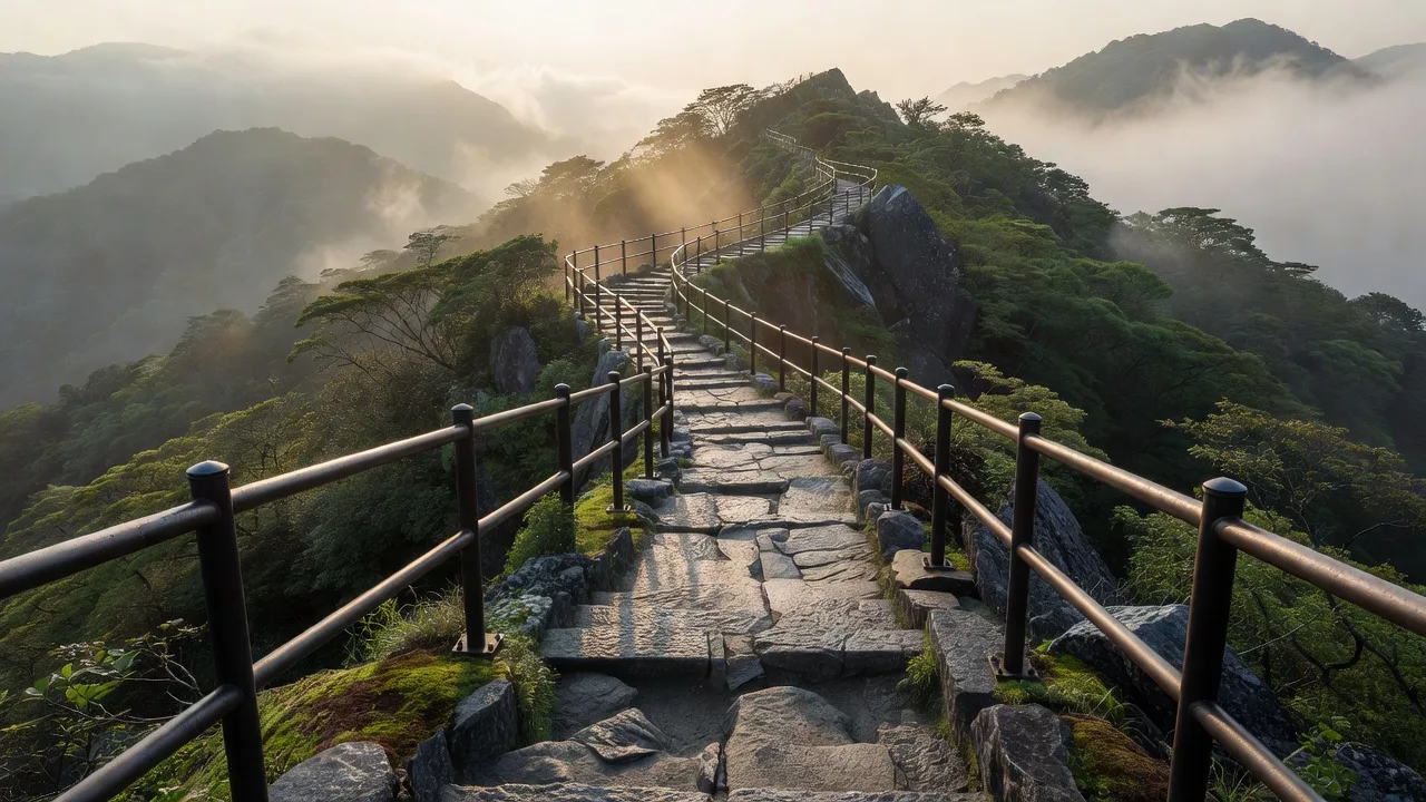 日の出に照らされる稜線トレイル