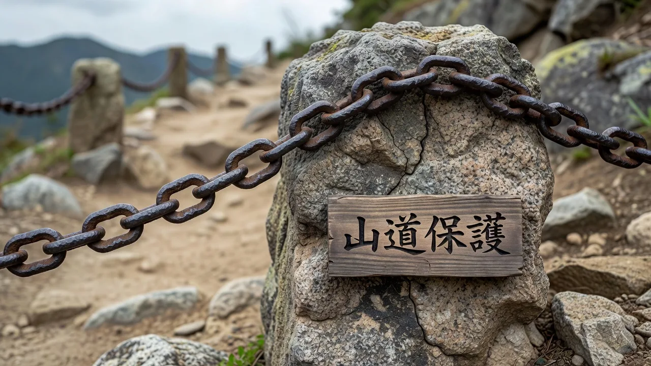 石柱と鉄の鎖でつながれた道標