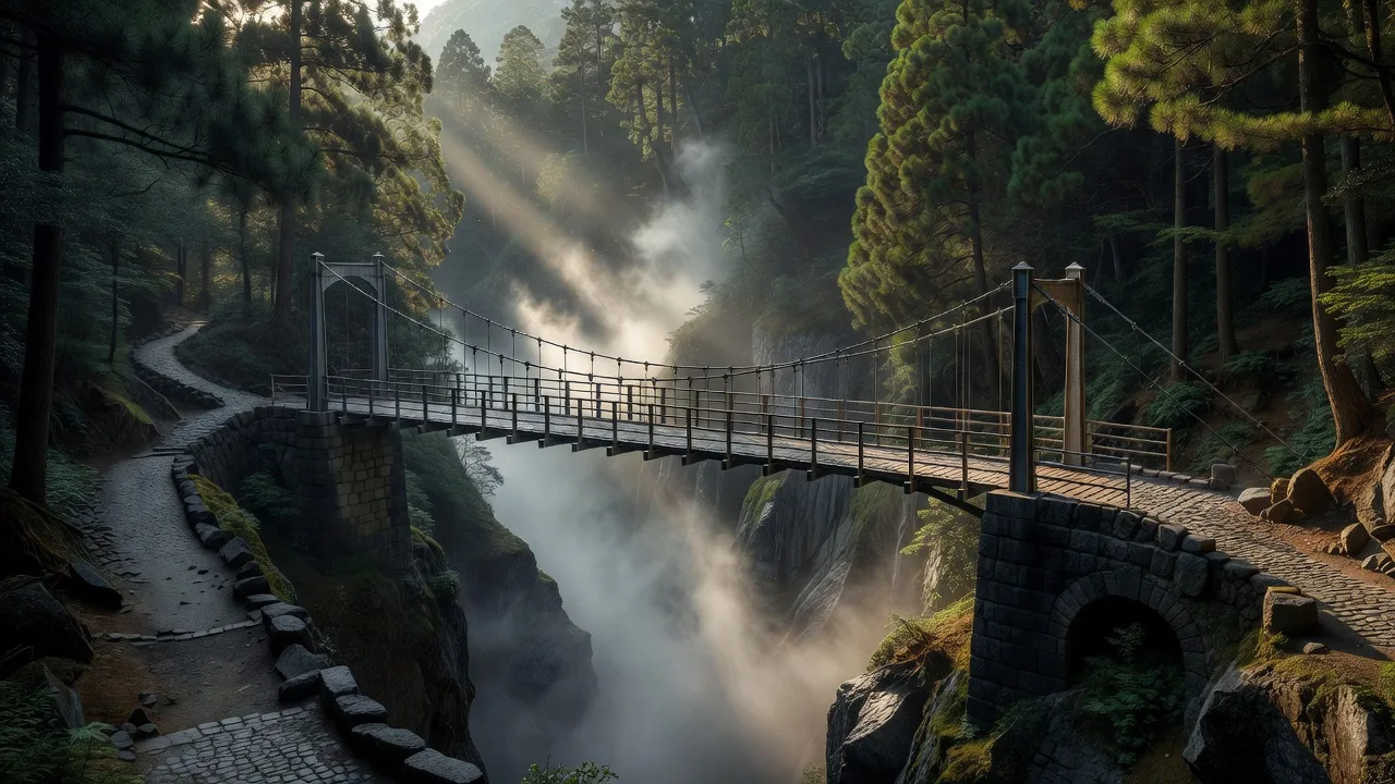渓谷にかかる鉄の吊り橋