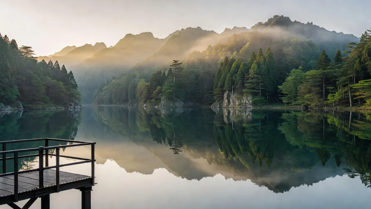 稜線が湖面に映り込む風景