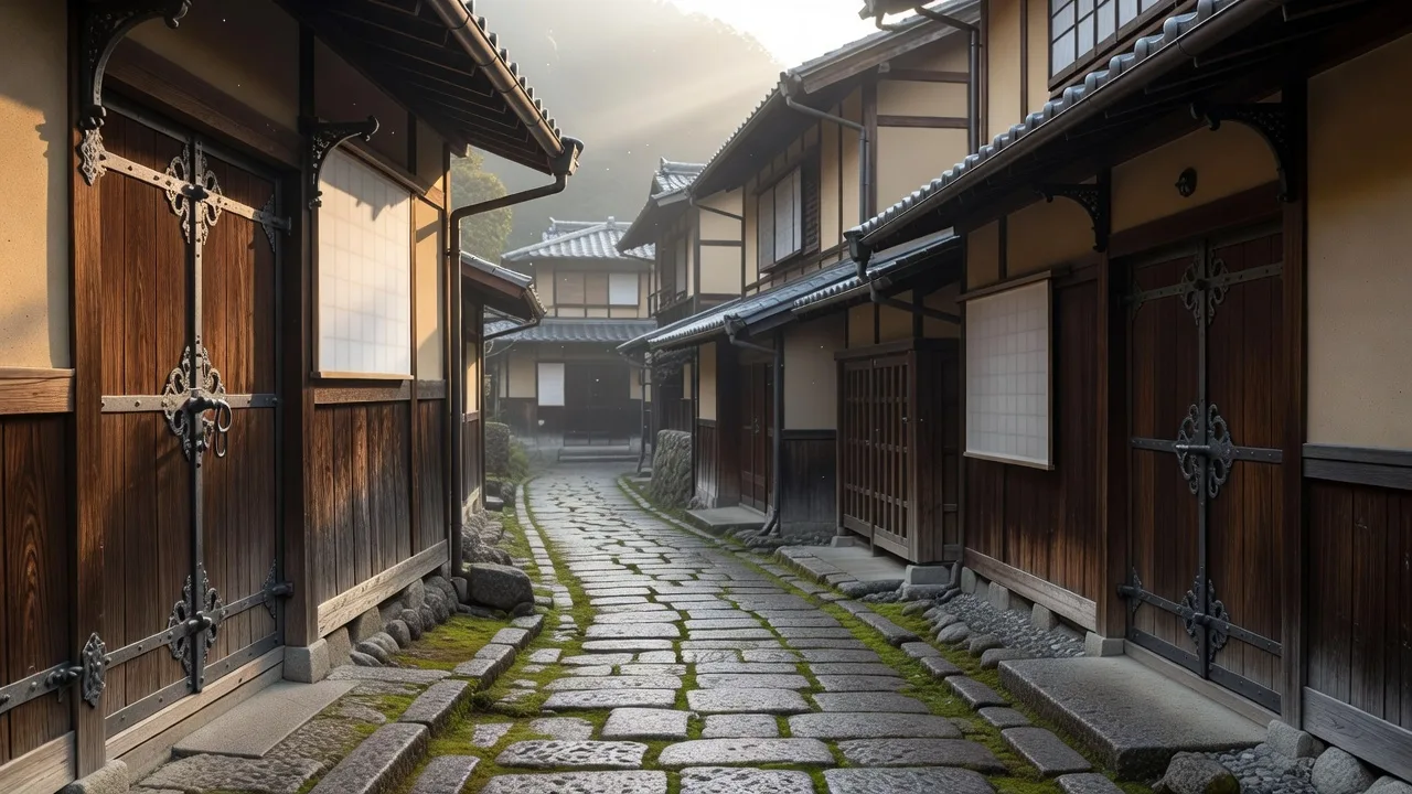 山あいの集落に続く石畳の道
